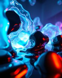 Explore a stunning surreal 3D render featuring hyperrealistic melted glass shapes set within a bioluminescent sci-fi environm