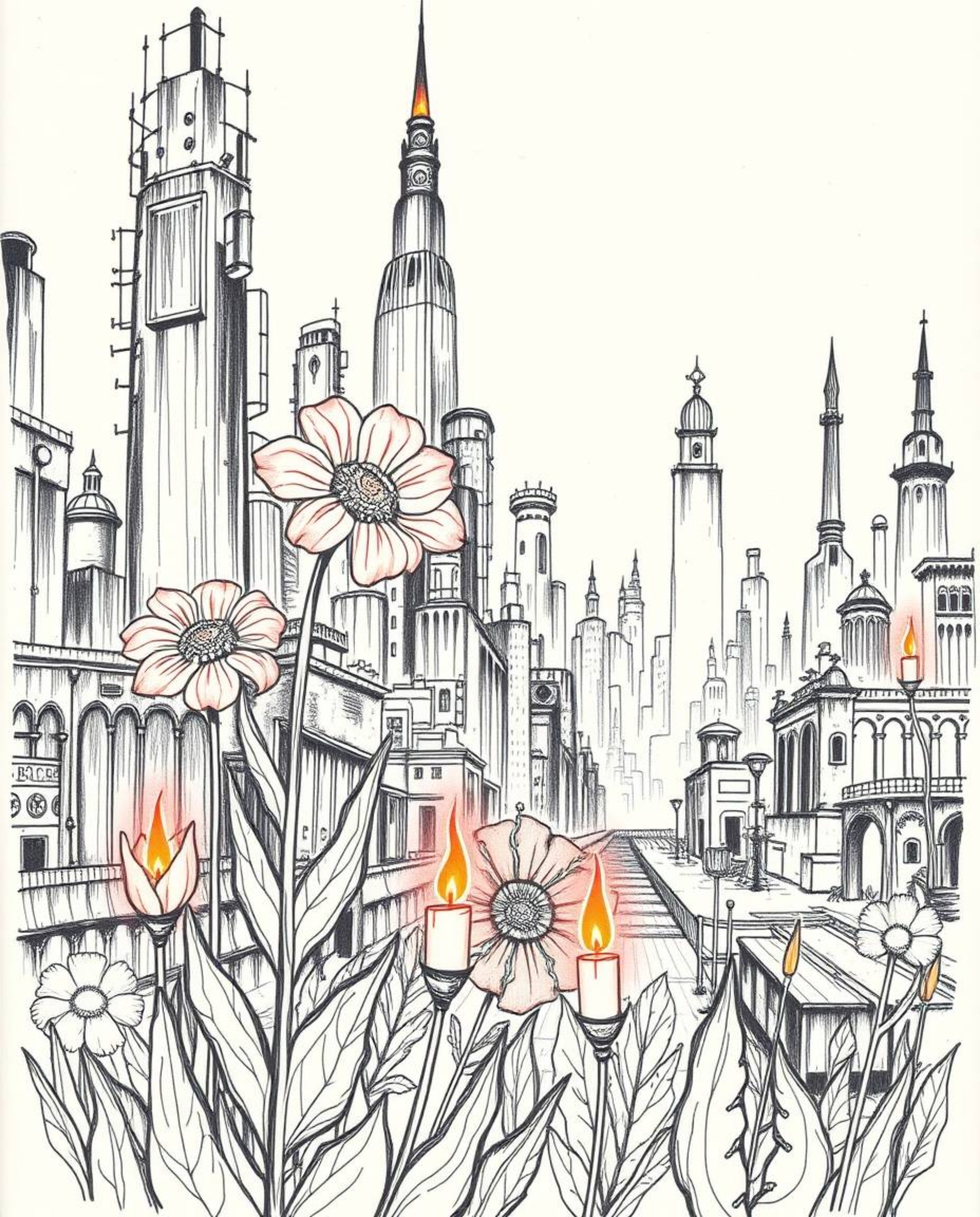 A captivating hand-drawn sketch depicts vibrant flowers blooming amidst the ruins of a post-apocalyptic city, illuminated by 