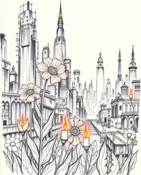 A captivating hand-drawn sketch depicts vibrant flowers blooming amidst the ruins of a post-apocalyptic city, illuminated by 