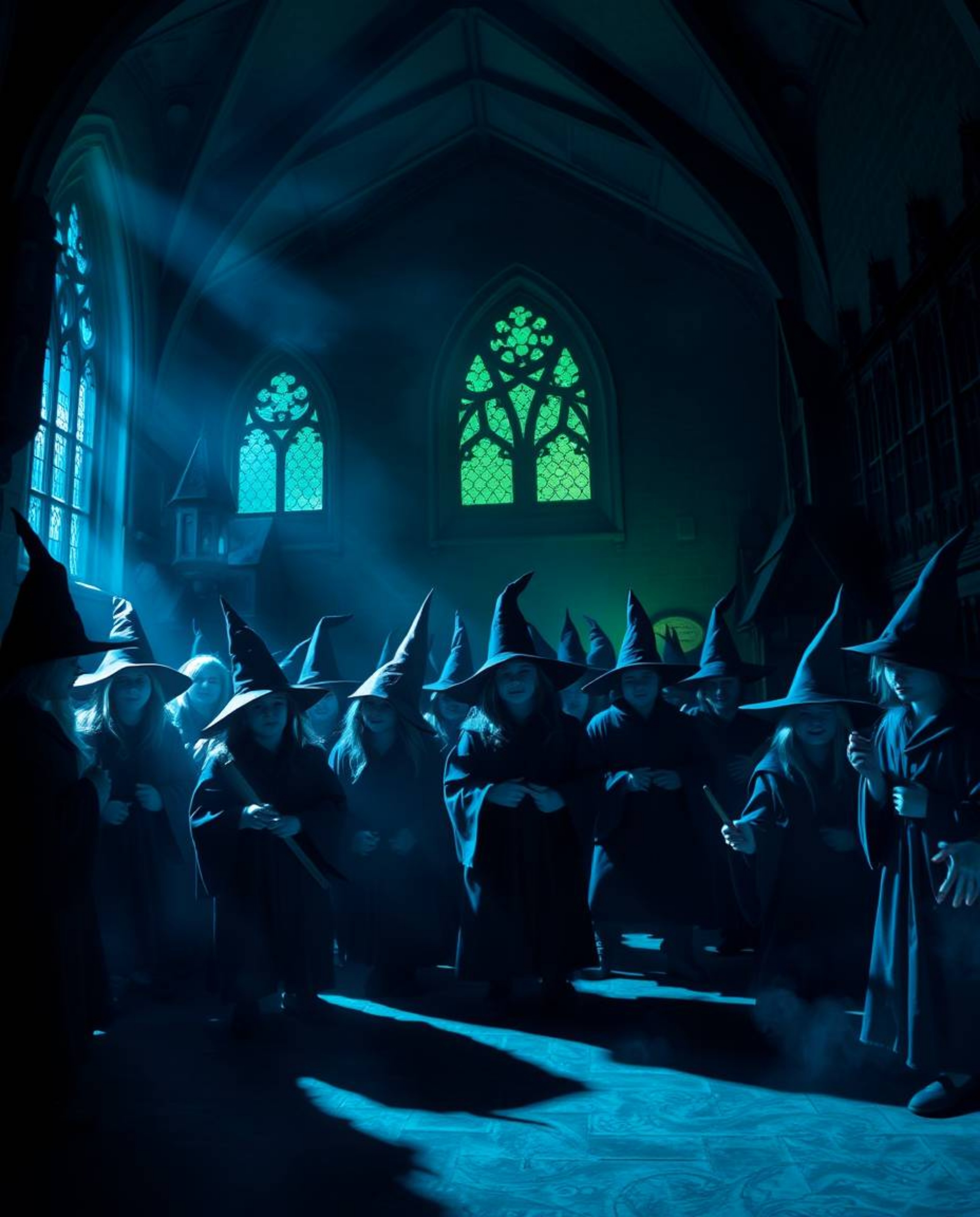 Explore a world of chiaroscuro lighting and cool colors, depicting a magical school brimming with young wizards. This artwork