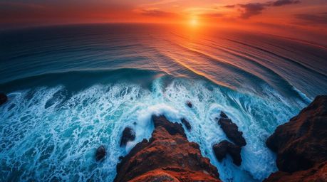 Experience the raw beauty of nature with this stunning overhead view of waves crashing against majestic cliffs beneath a blaz