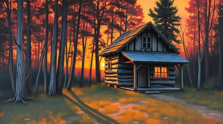 This captivating classic oil painting depicts an old wooden cabin nestled in a serene sunset woods scene. The artwork feature