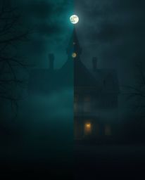 This image depicts a fog-covered Victorian mansion bathed in moonlight, creating a striking contrast and a captivating atmosp
