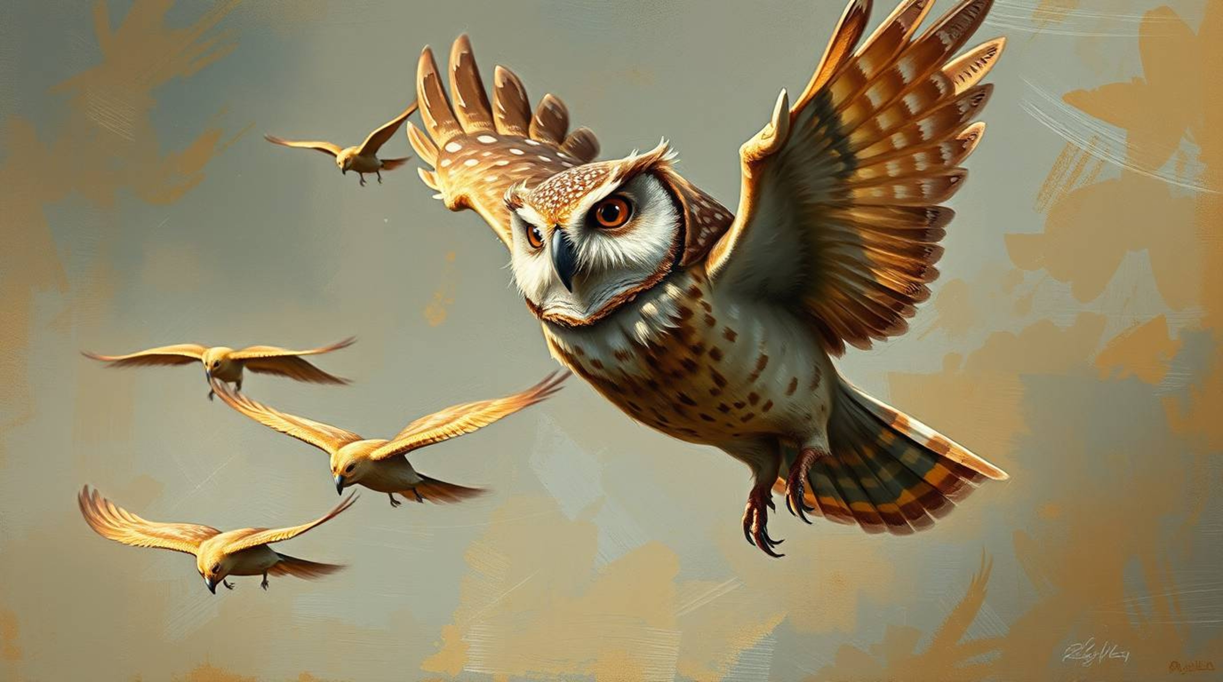 This artwork features a classic oil painting in the style of Pixar, portraying a blind owl guiding birds into flight. The pai
