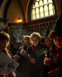 Explore a magical school teeming with young wizards, captured in a dramatic cinematic style that blends warmth with subtle da