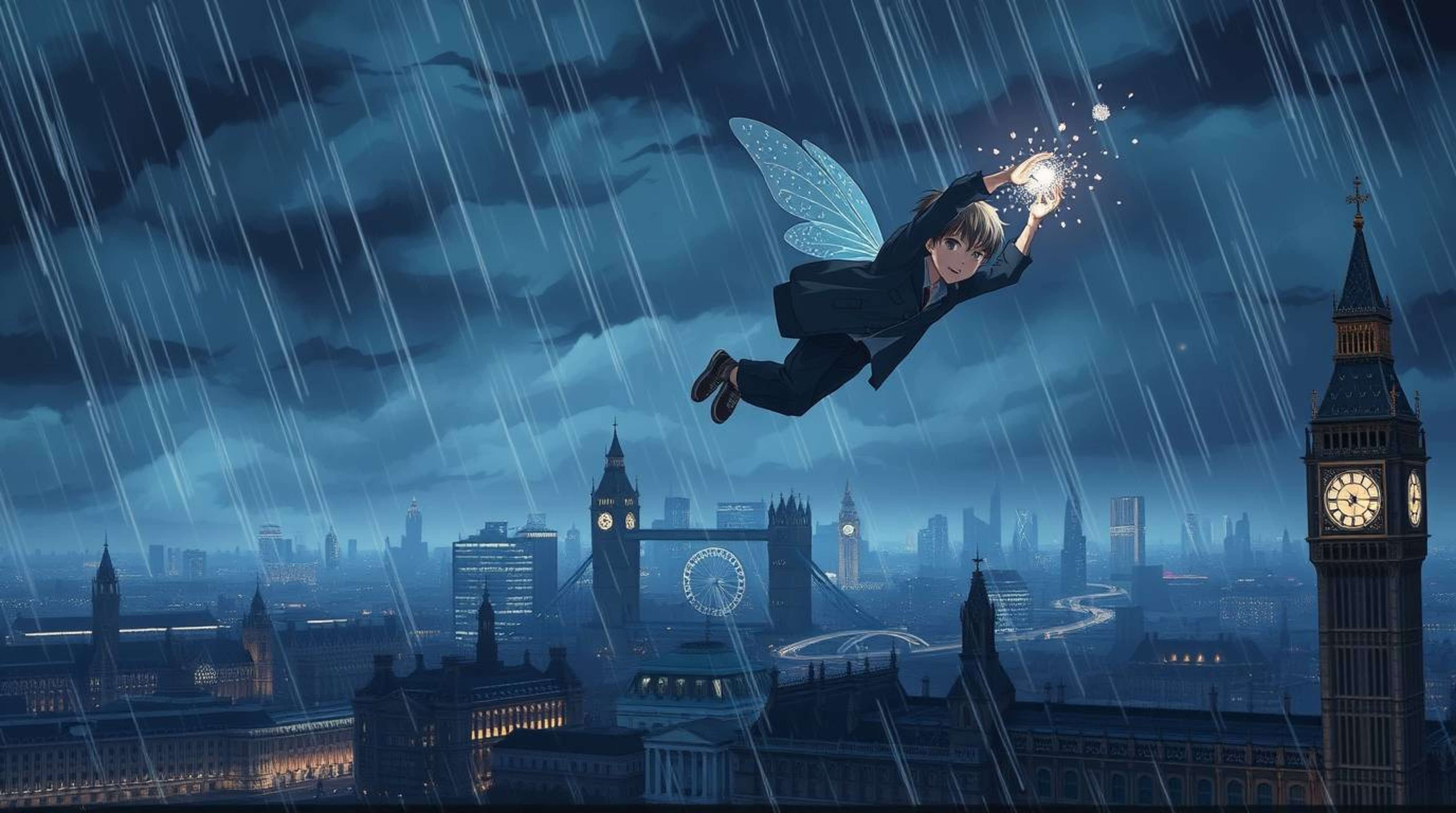 Experience a captivating isekai-inspired illustration of a young boy soaring above London with the aid of pixie dust. Bathed 