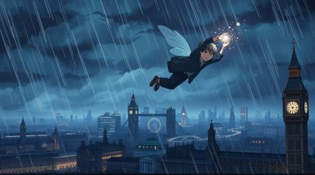 Experience a captivating isekai-inspired illustration of a young boy soaring above London with the aid of pixie dust. Bathed 