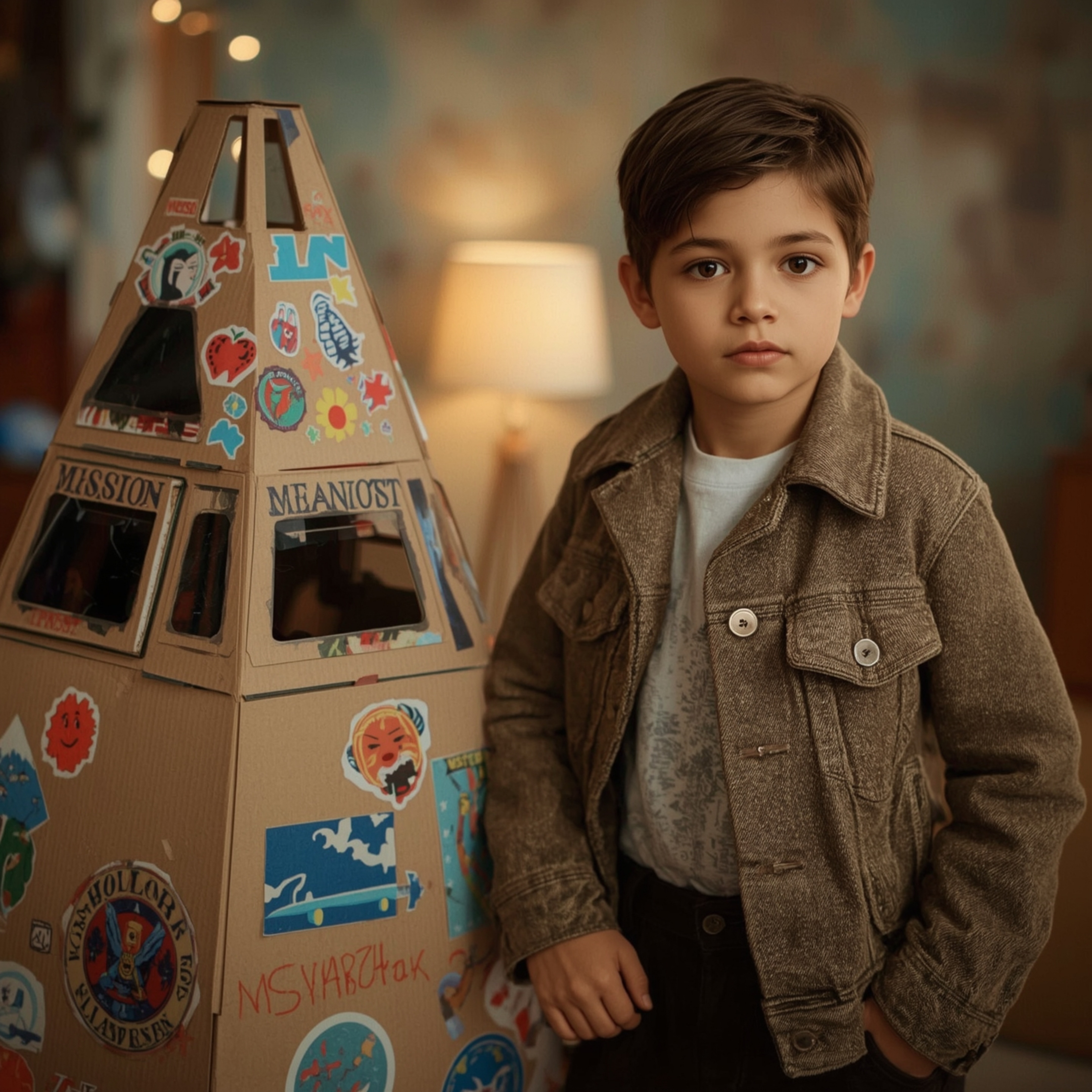 Exquisite high-fashion photography of a young boy, brimming with curiosity, confidently poses next to his meticulously crafte