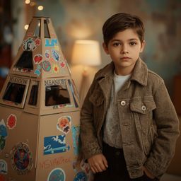 Exquisite high-fashion photography of a young boy, brimming with curiosity, confidently poses next to his meticulously crafte