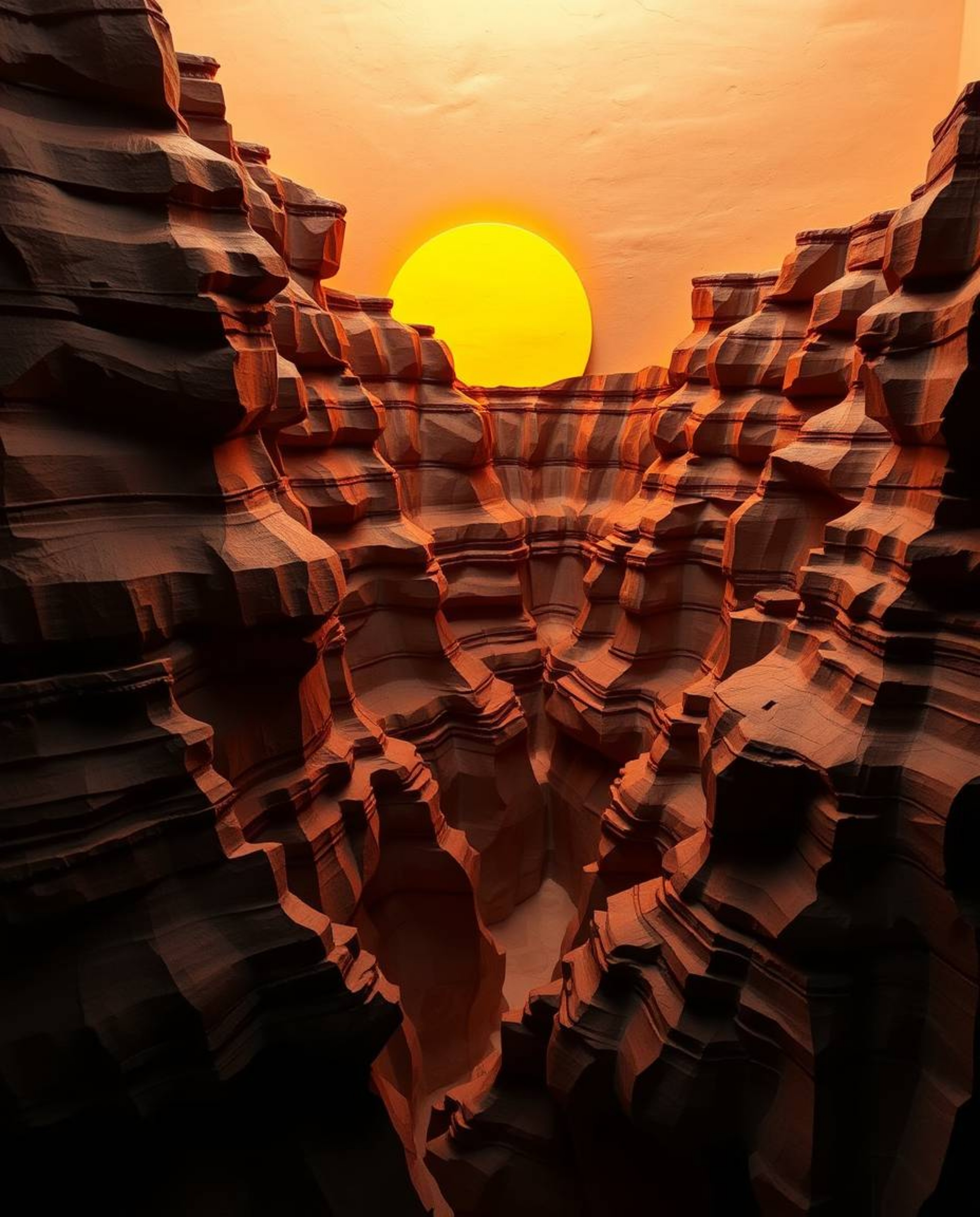 A sculpted papier-mâché artwork depicts a sunset illuminating sandstone cliffs in a canyon. The piece is characterized by its