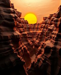 A sculpted papier-mâché artwork depicts a sunset illuminating sandstone cliffs in a canyon. The piece is characterized by its