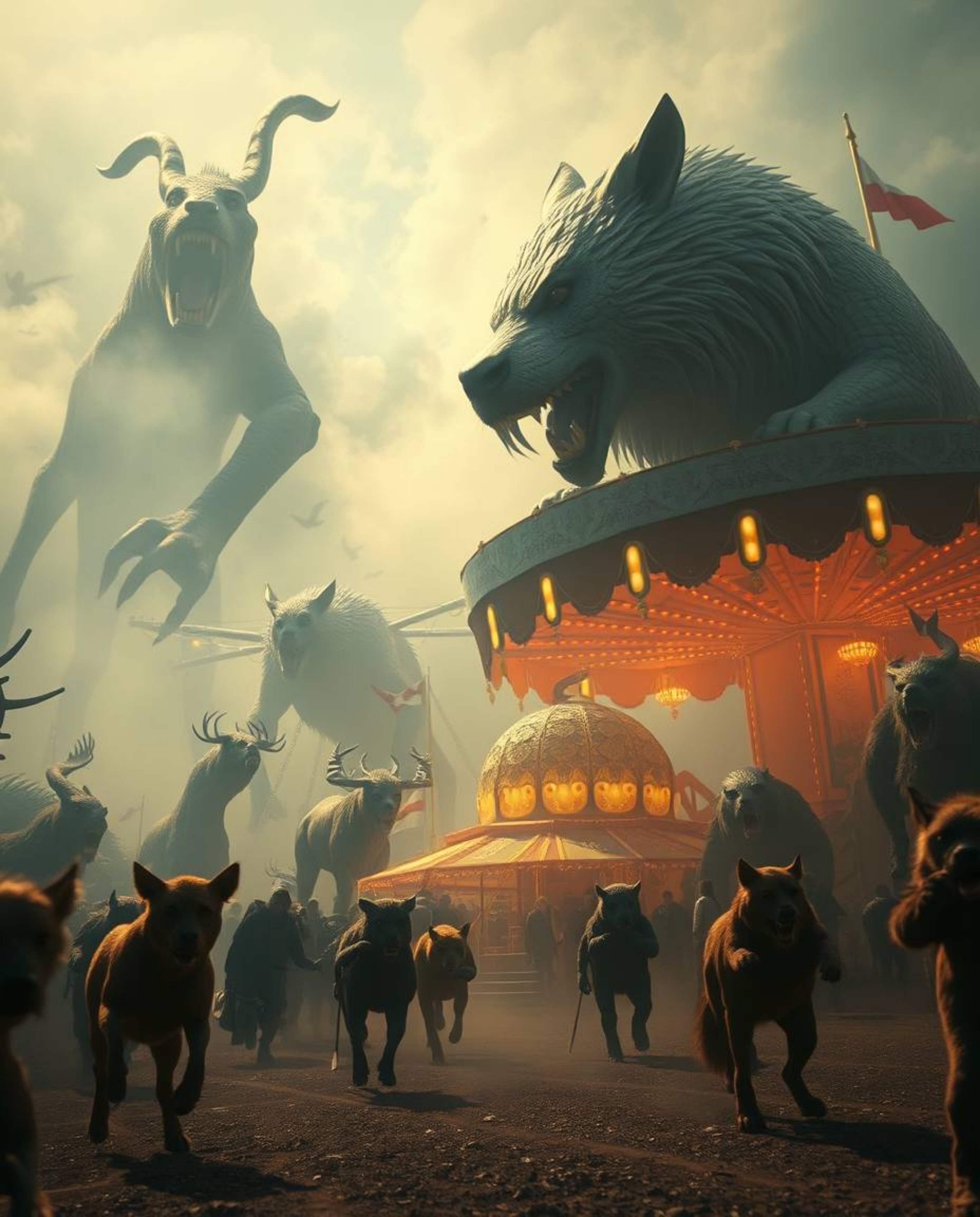 Experience a breathtaking scene set in a modern future: a massive carnival overrun by wild animals. This heroic depiction fea