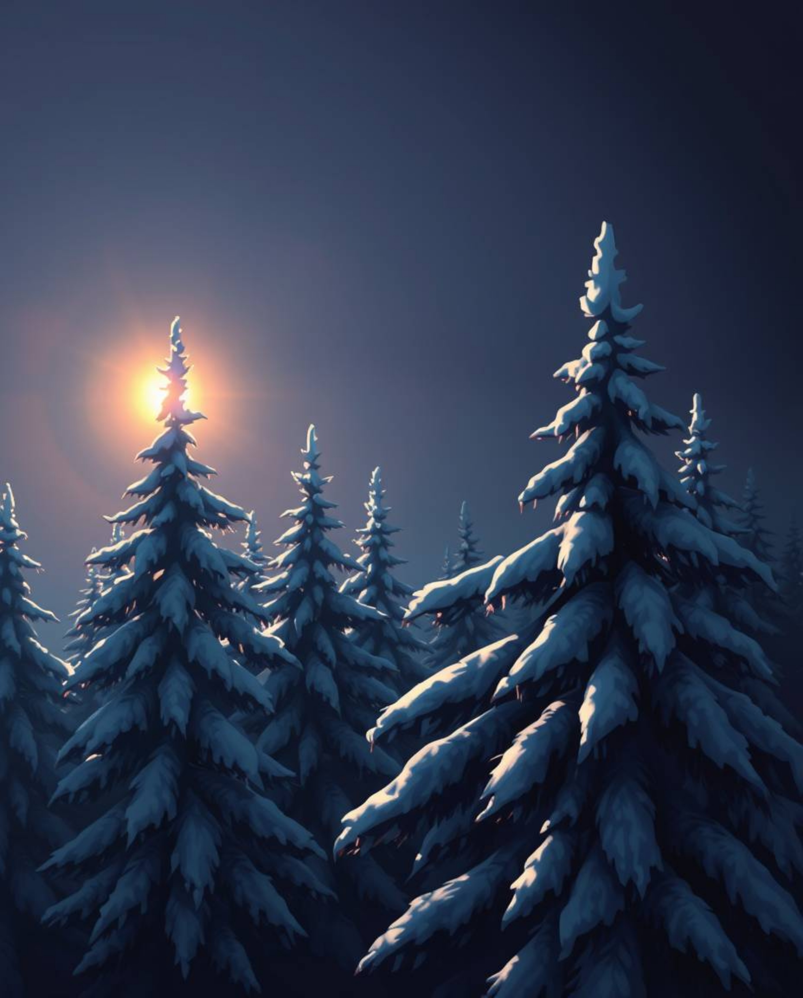 A digital painting captures the graceful and elegant scene of sunset light sparkling on snowy pine trees. The artwork is char