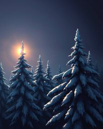 A digital painting captures the graceful and elegant scene of sunset light sparkling on snowy pine trees. The artwork is char