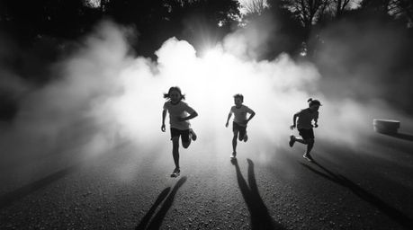 Experience a dramatic, timeless, and elegant slow-motion run through a playground captured from an overhead perspective.  The