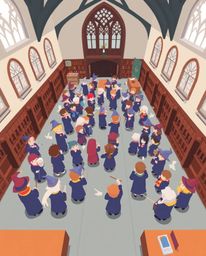 Explore a charming magical school bustling with young wizards, presented in a modern flat design style utilizing simple two-d