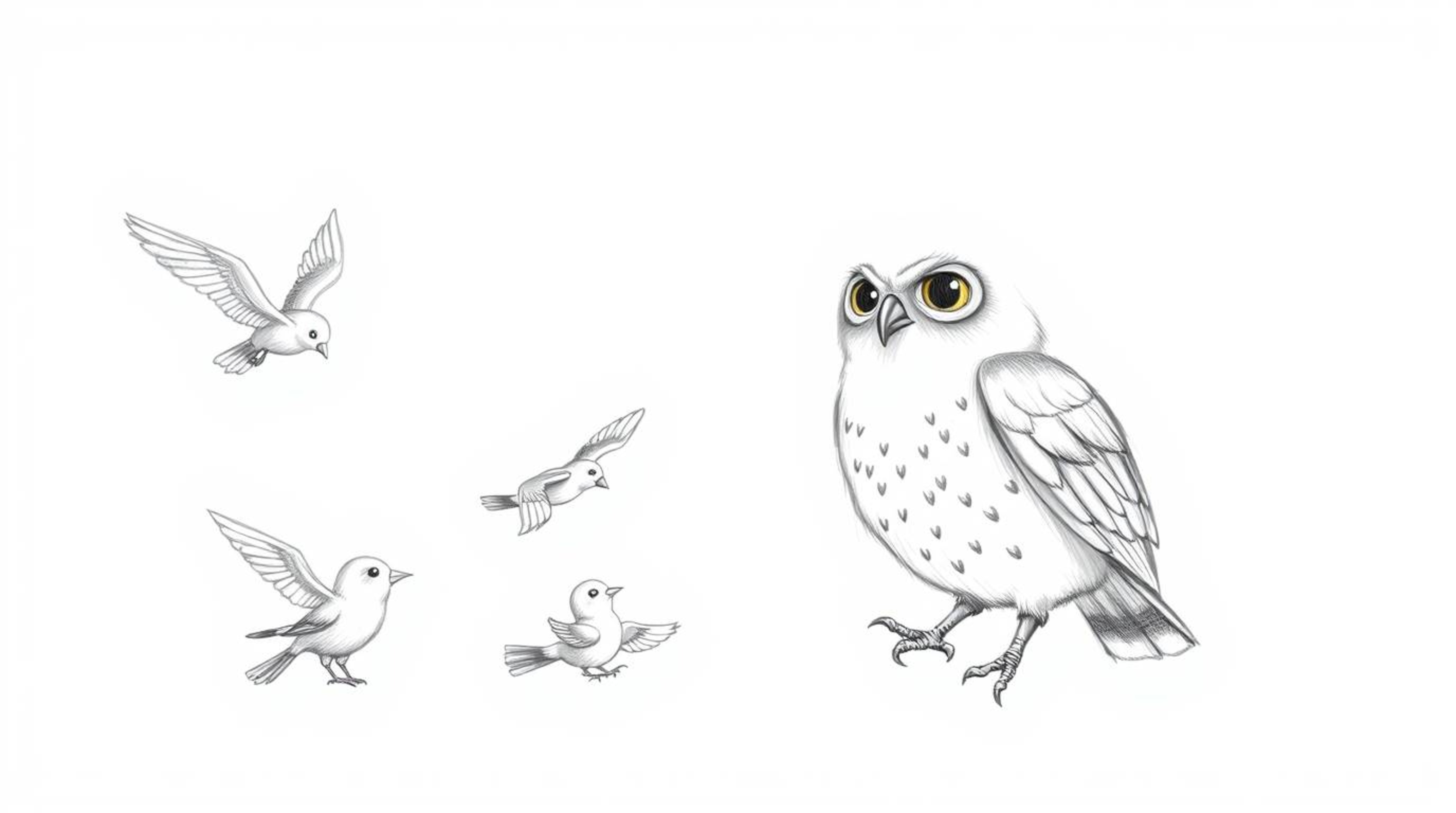 A heart-warming hand-drawn sketch depicting a blind owl in a Pixar-inspired style, patiently teaching various birds how to fl