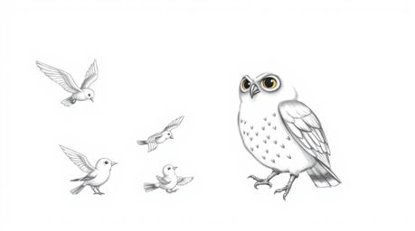 A heart-warming hand-drawn sketch depicting a blind owl in a Pixar-inspired style, patiently teaching various birds how to fl