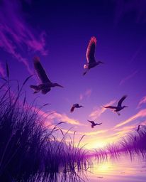 A low-angle perspective digital painting of herons flying in a golden hour wetlands scene. This dramatic artwork is character