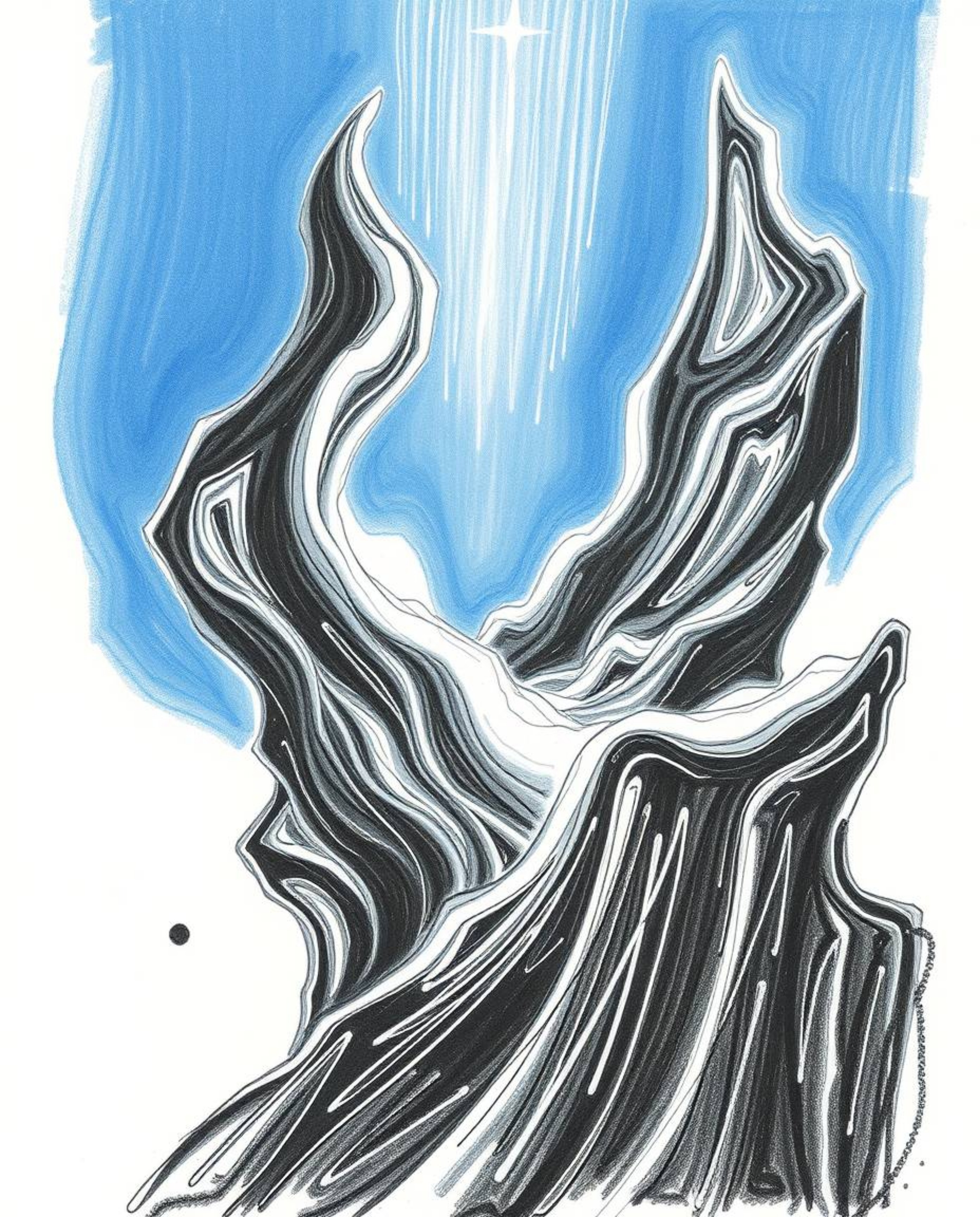Experience an intense jet-black hand-drawn sketch radiating an ethereal spiritual vibe. Featuring futuristic 3D fluid shapes 