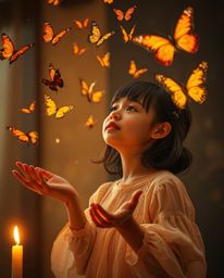 This high-resolution stock photo captures a beautiful moment of a girl releasing butterflies into the air amidst the warm glo