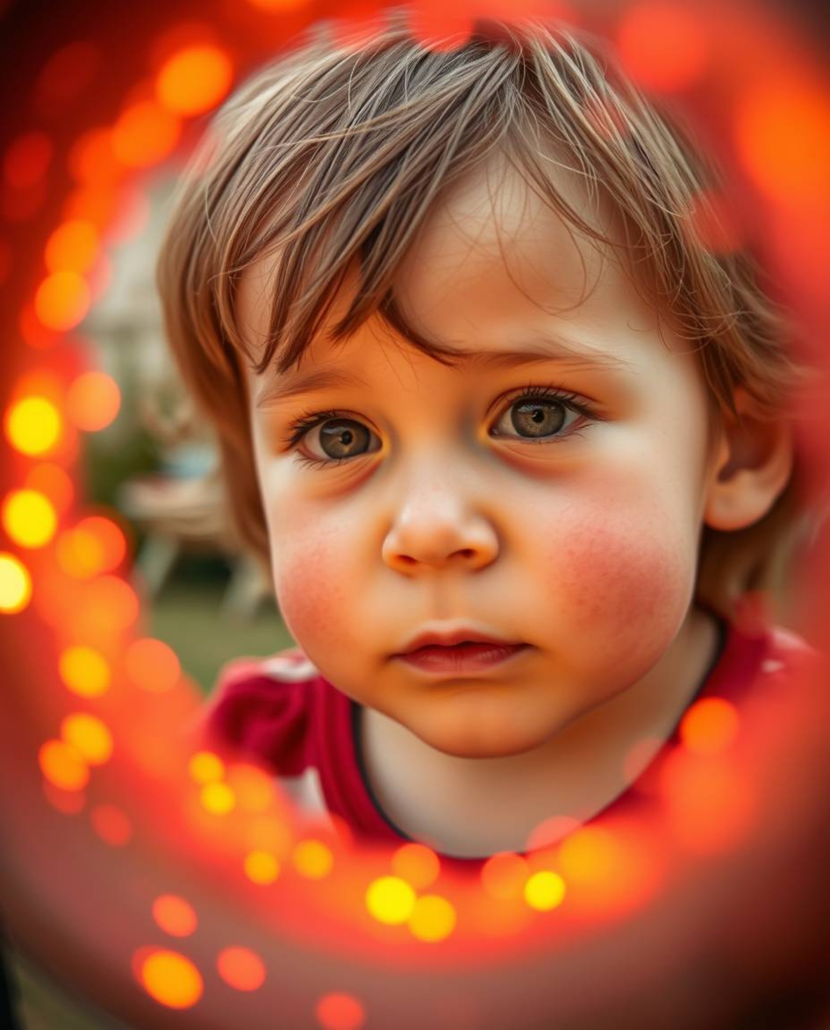 A captivating close-up reveals a child's wonder as they encounter a shimmering magical portal in their backyard.  Reds, orang