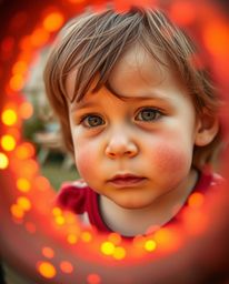 A captivating close-up reveals a child's wonder as they encounter a shimmering magical portal in their backyard. Reds, orang