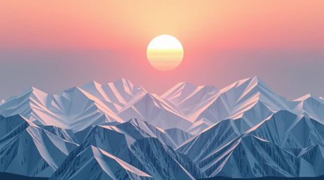 A captivating illustration showcasing snow-capped mountains bathed in the soft glow of a pastel sunset.  Rendered in a detail