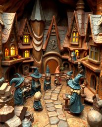 Discover a charming papier-mâché creation depicting a magical school brimming with young wizards.  The artwork evokes a warm,