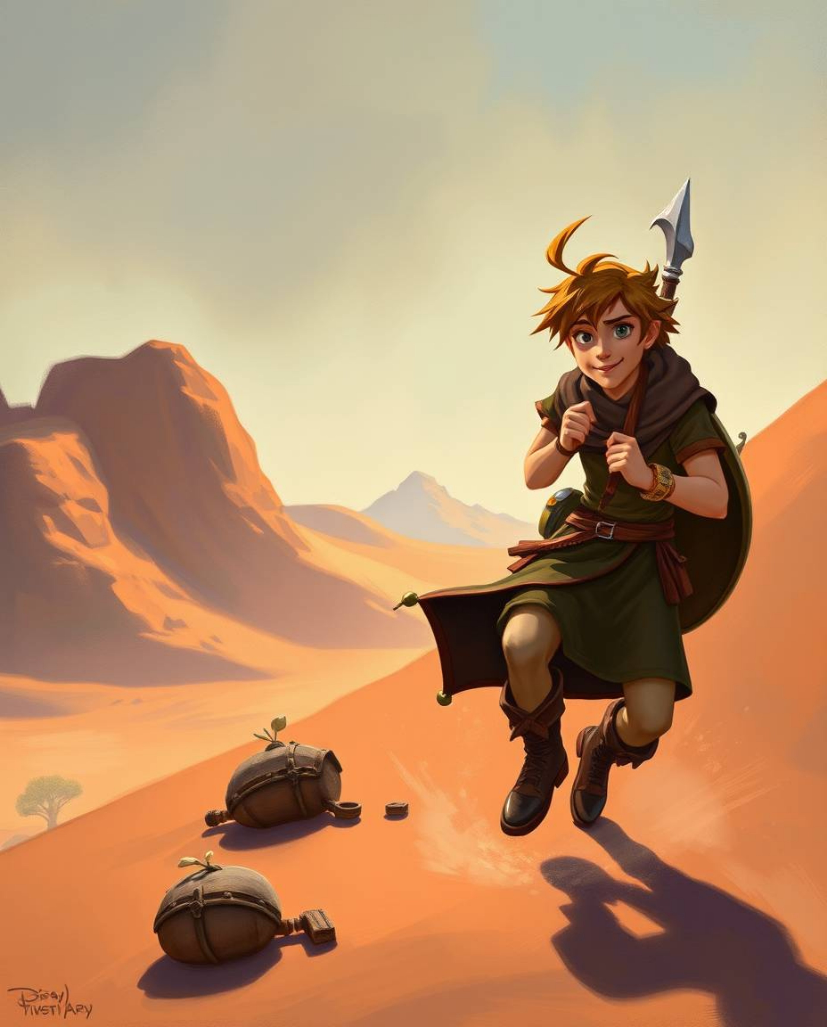 A brave, Disney-esque hero embarks on a thrilling desert adventure, depicted in a stunning classic oil painting style. The a