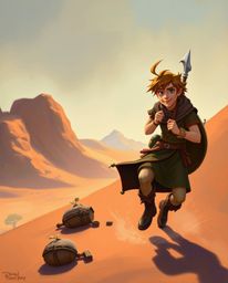 A brave, Disney-esque hero embarks on a thrilling desert adventure, depicted in a stunning classic oil painting style.  The a