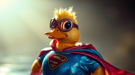 Imagine a superhero duck, clad in a wonderfully zany costume, basking in soft, iridescent light. This image features captivat