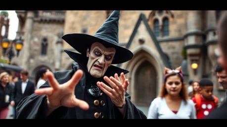 Capture the spontaneous energy of urban life with candid street photography featuring a classic Disney villain casting a spel