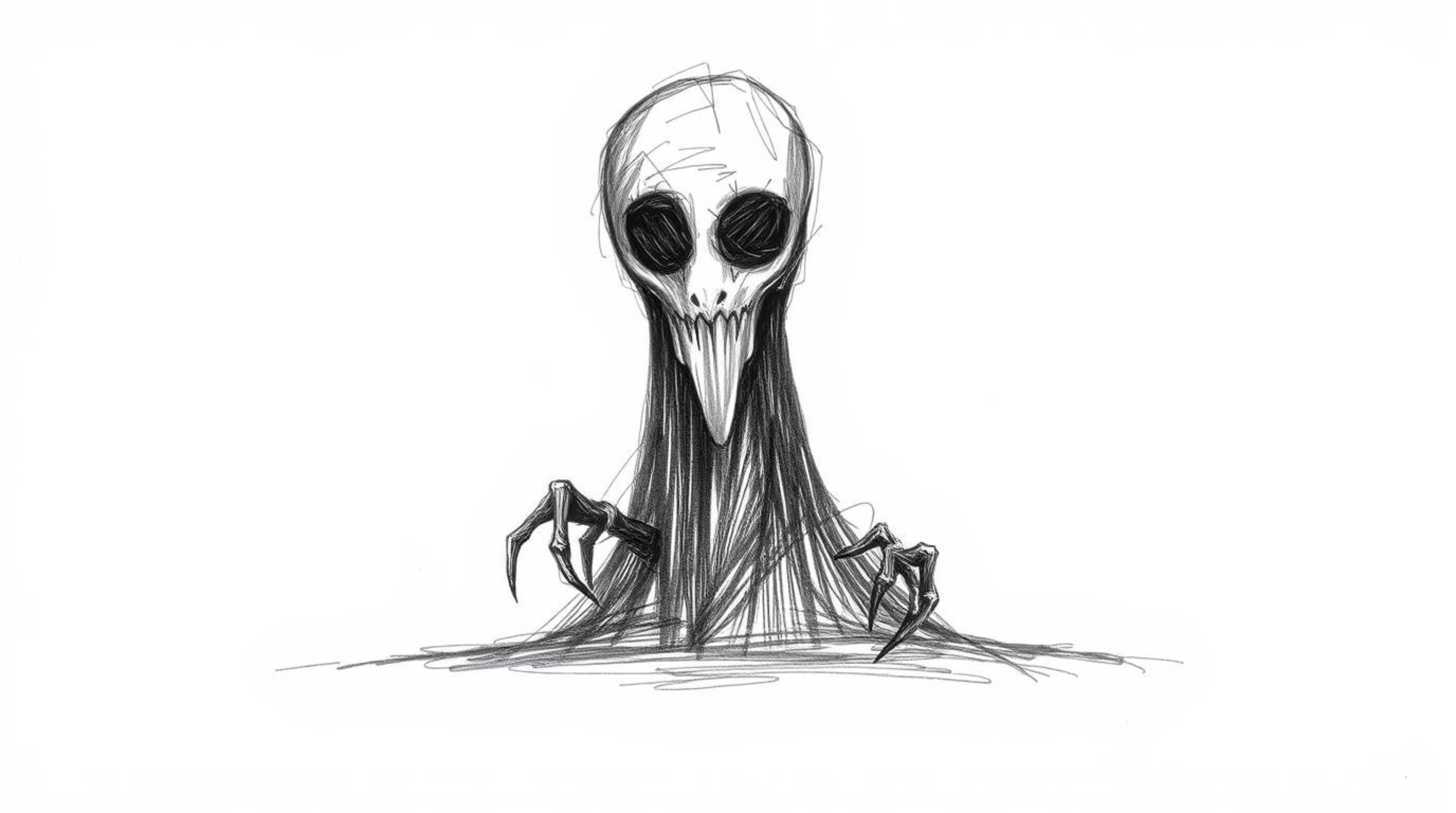 This artwork features an eerie and creepy hand-drawn sketch set against an abstract gradient background with a subtle paper g
