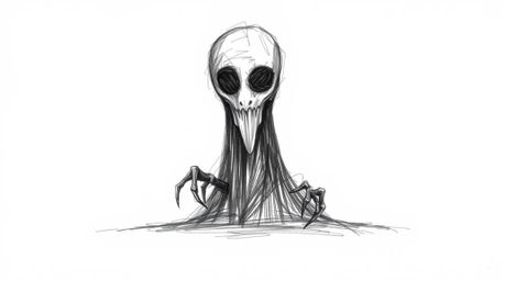 This artwork features an eerie and creepy hand-drawn sketch set against an abstract gradient background with a subtle paper g