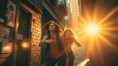 Capture the vibrant energy of rebellious teens in a grungy city alleyway. This dynamic image features a warm golden glow, blu