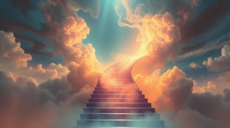 This cinematic digital painting depicts a mesmerizing winding stairway of smoke and light ascending into a vast, cloudy sky. 