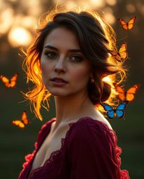 Captured in the warm embrace of golden hour light, this image depicts a girl with sophisticated features releasing butterflie