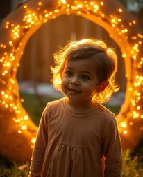 A curious child stumbles upon a mesmerizing magical portal radiating a warm golden light in their backyard. The scene evokes