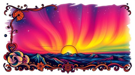 A captivating tattoo art print featuring a smooth gradient transition from sunset to the emerging Northern Lights.  Vibrant c