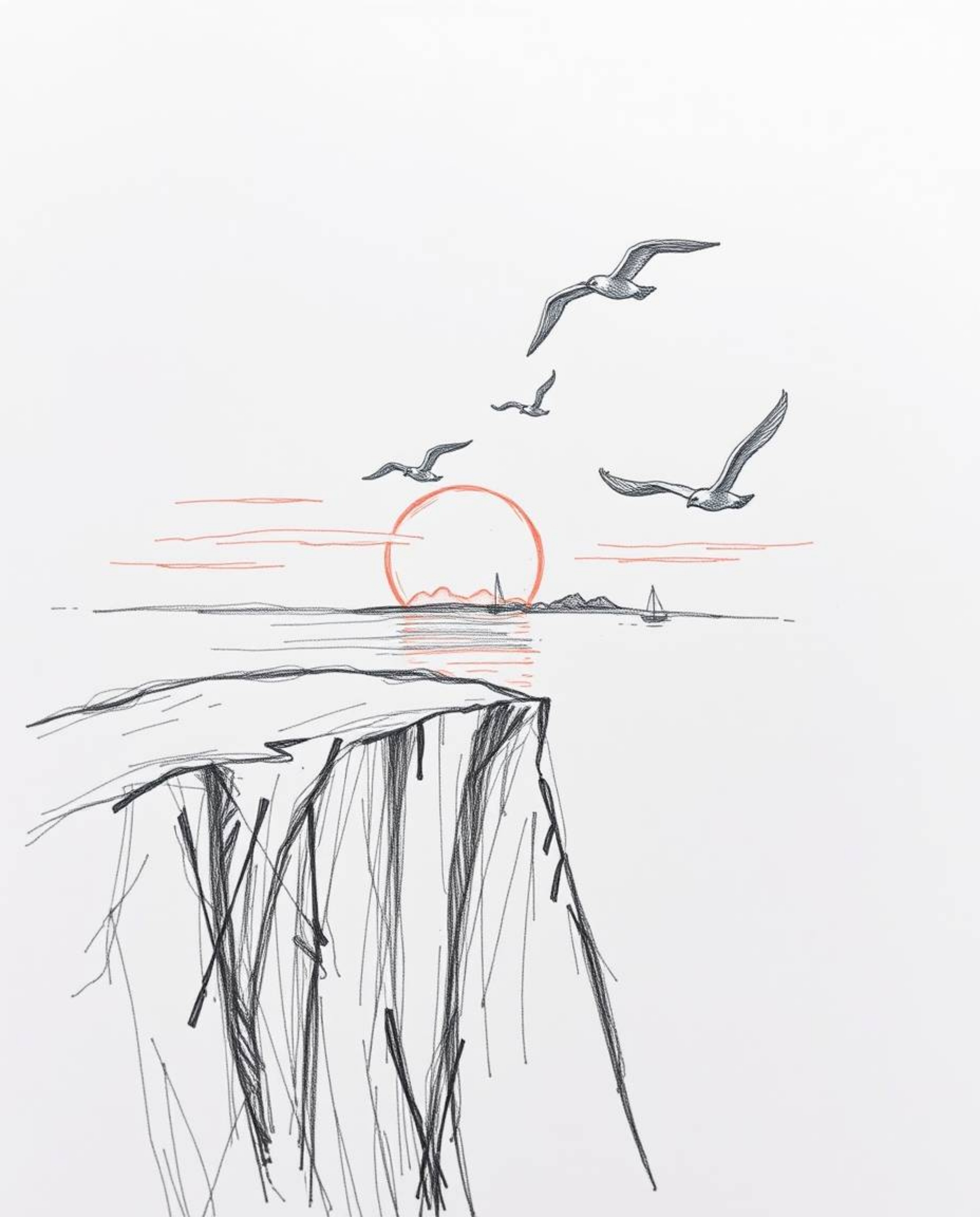 This is an extreme macro close-up, hand-drawn sketch of a sunset over a coastal cliff with soaring birds. The artwork is defi