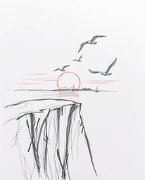 This is an extreme macro close-up, hand-drawn sketch of a sunset over a coastal cliff with soaring birds. The artwork is defi