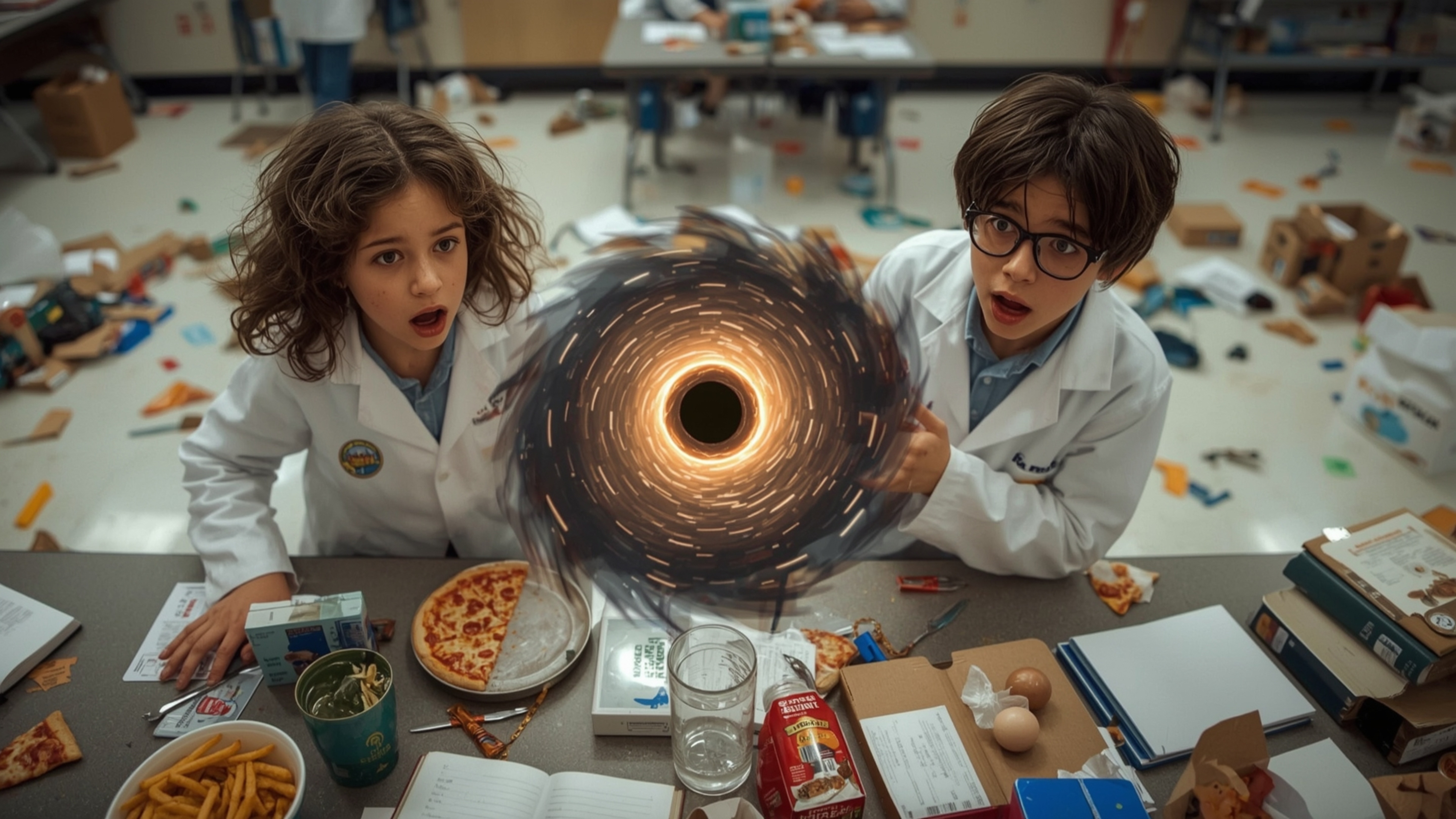 In a cinematic, high-contrast photograph reminiscent of Pixar's signature style, a shocked and bewildered science fair duo wa
