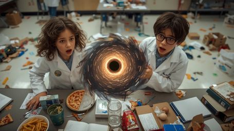 In a cinematic, high-contrast photograph reminiscent of Pixar's signature style, a shocked and bewildered science fair duo wa
