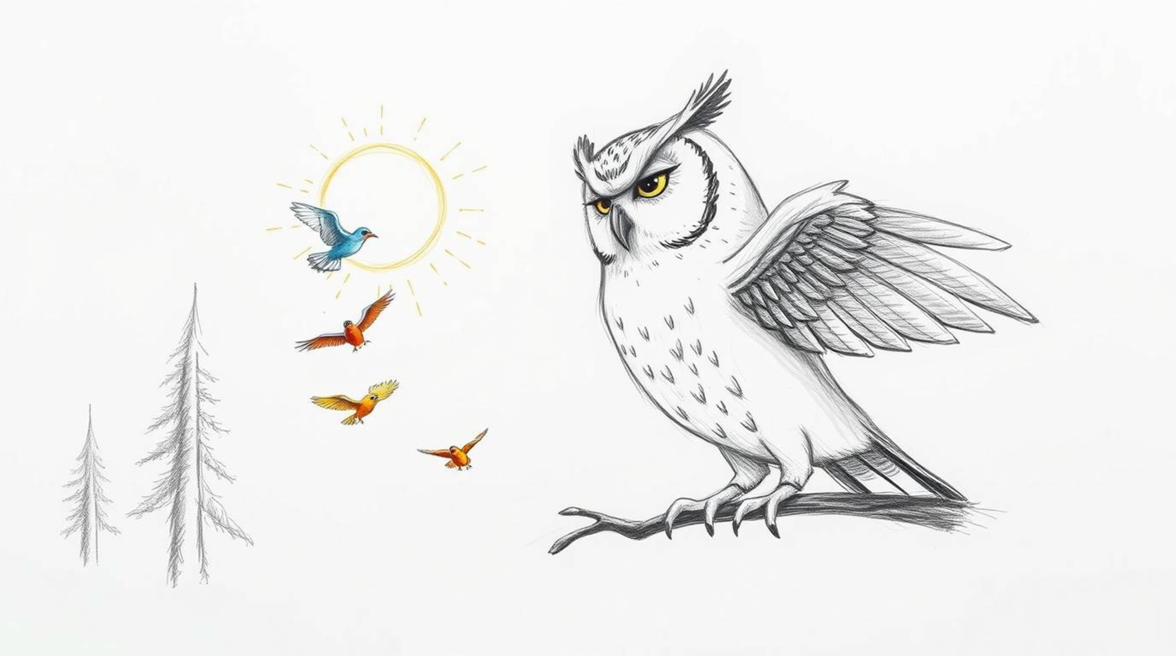 A captivating hand-drawn sketch in the style of Pixar depicts a wise, blind owl serenely instructing colorful birds in flight