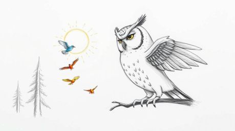 A captivating hand-drawn sketch in the style of Pixar depicts a wise, blind owl serenely instructing colorful birds in flight