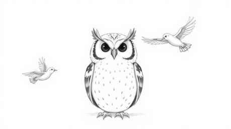 A visually striking image featuring a blind owl, rendered in a smooth, Pixar-esque style, positioned centrally against a clea