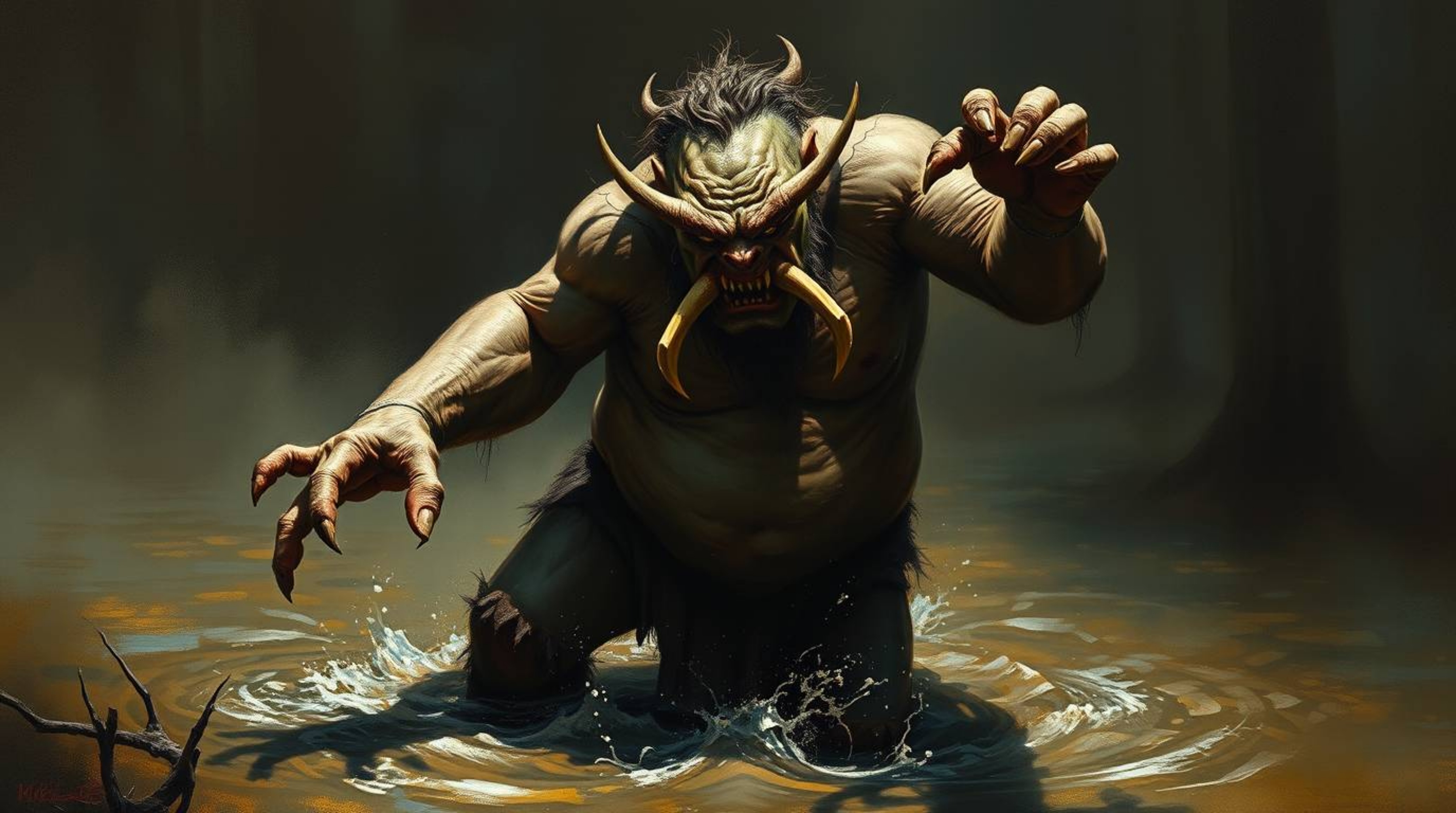 A dramatic cinematic oil painting depicts a warty ogre with tusks dancing joyfully in a swamp.  The artwork showcases rich te