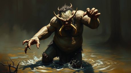 A dramatic cinematic oil painting depicts a warty ogre with tusks dancing joyfully in a swamp.  The artwork showcases rich te