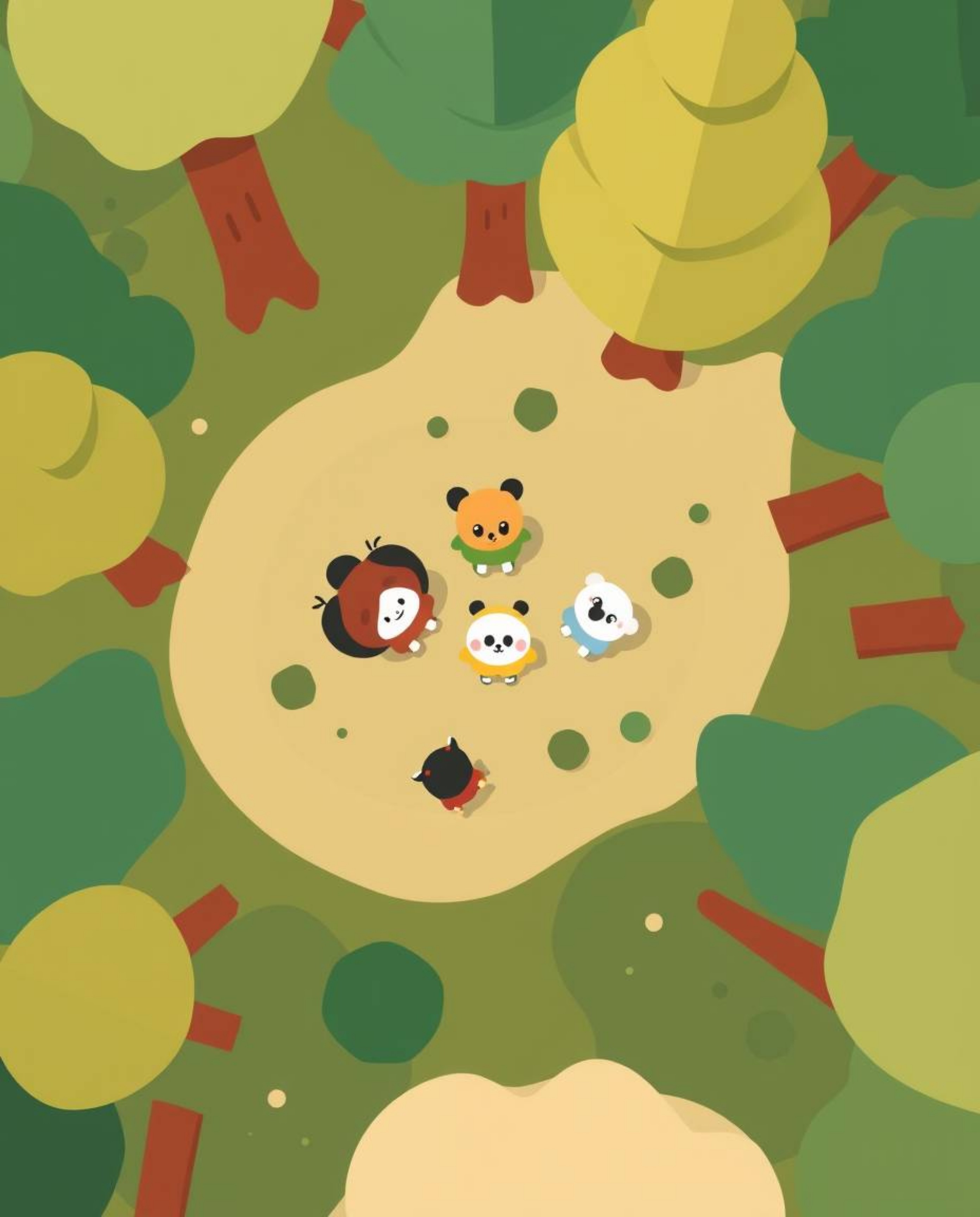 A modern flat design featuring a bird's-eye view of a group of friends, represented by simple geometric shapes with unique co